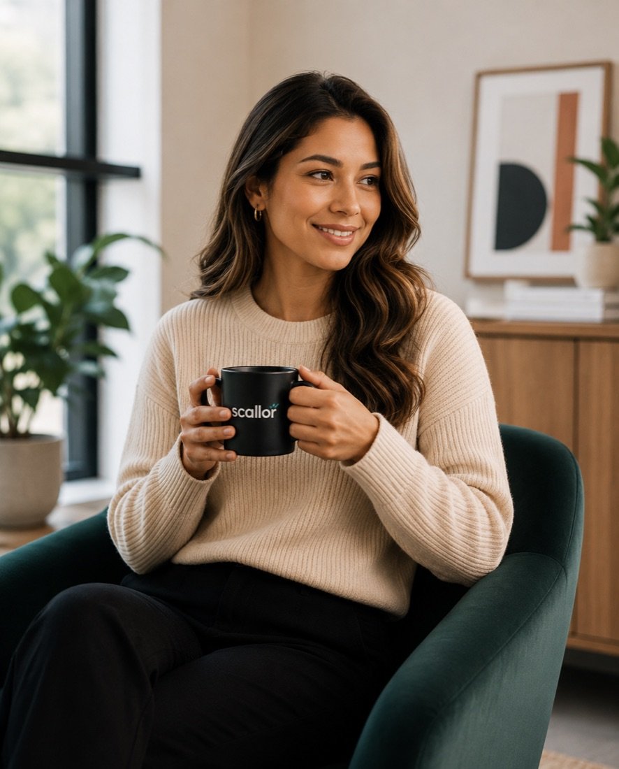 Founder having coffee away from her desk